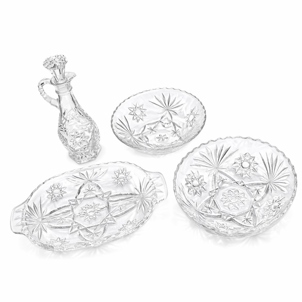 Vintage Anchor Hocking Glass 4-Piece Set, Cruet with Stopper + 3 Serving Bowls
